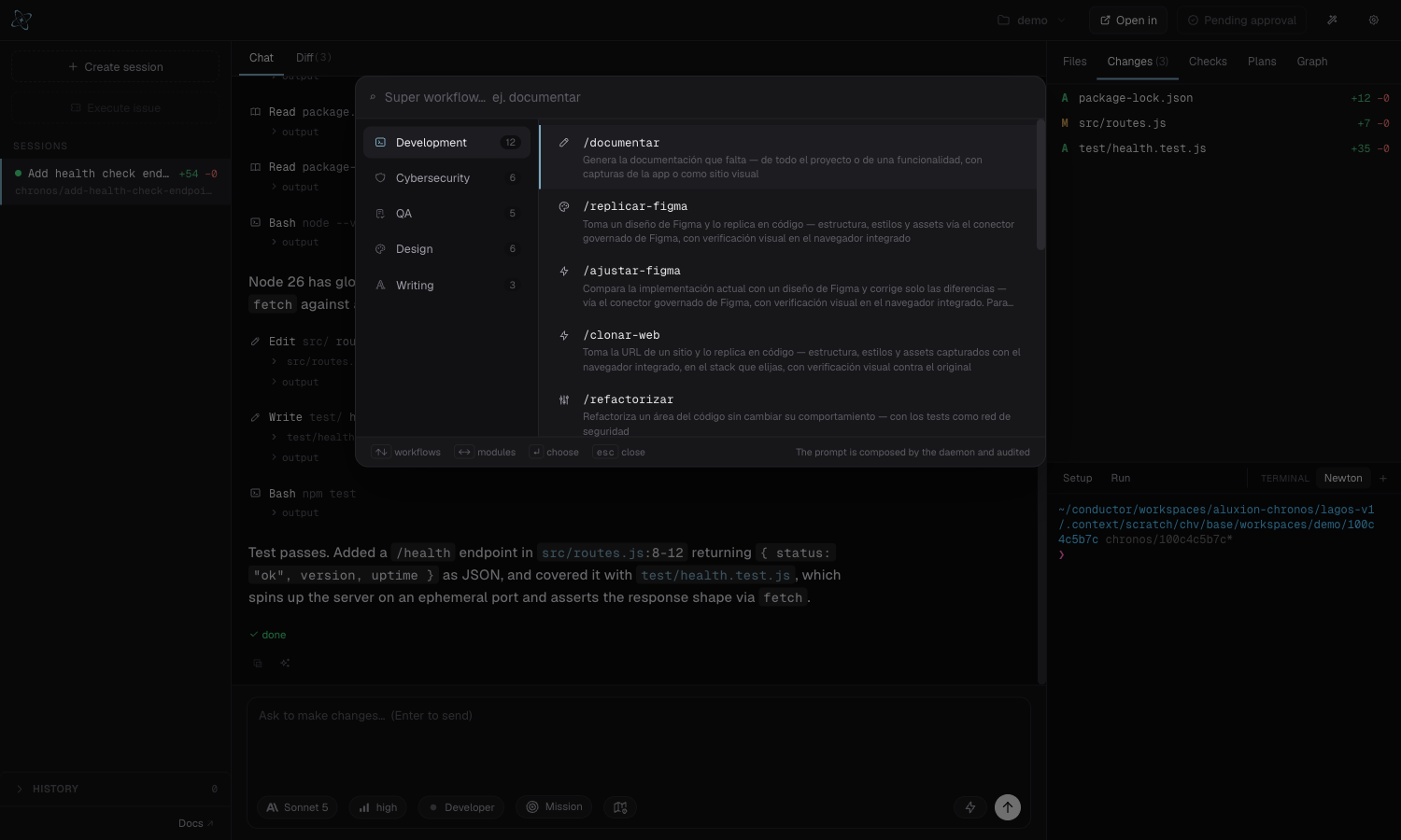 La paleta de comandos con los módulos de workflows